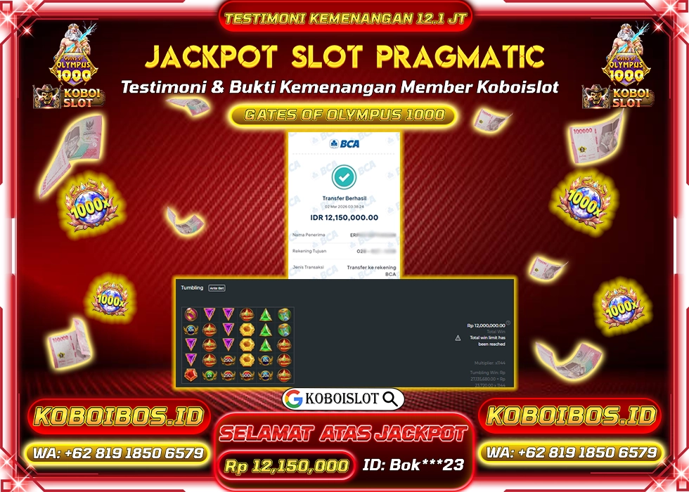 BUKTI KEMENANGAN SLOT GACOR GATES OF OLYMPUS 1000 Rp12.150.000,- LUNAS